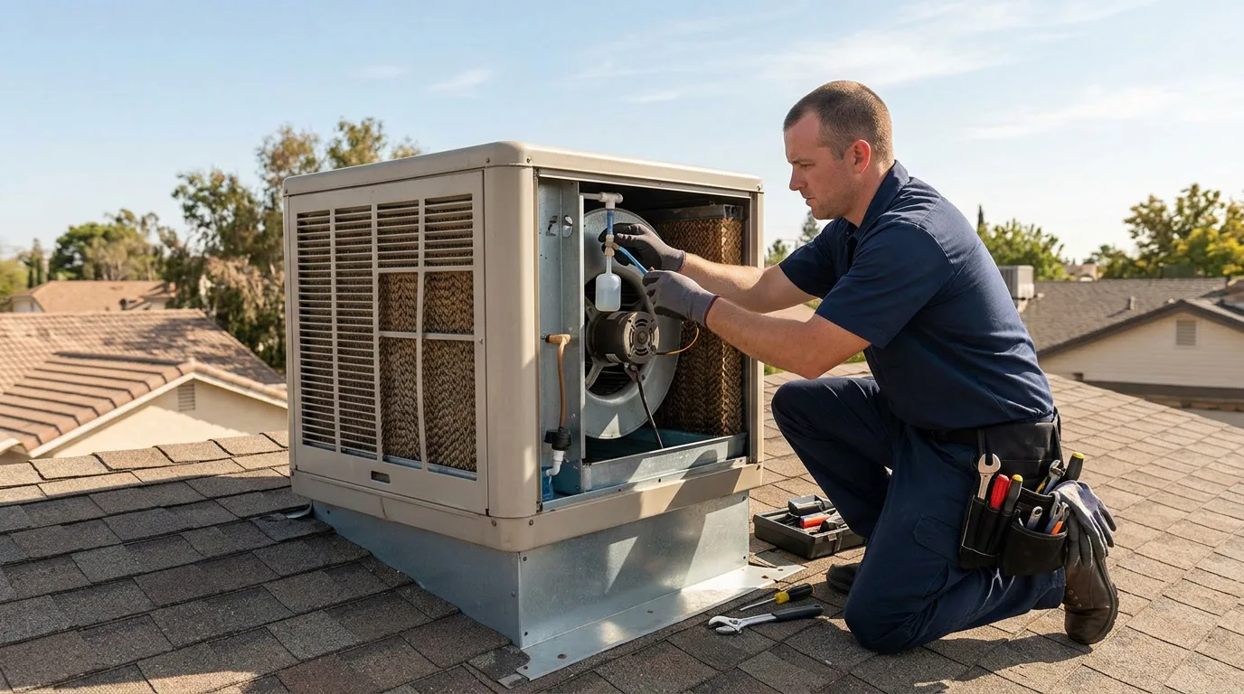 Arizona rooftop with evaporative swamp cooler unit at sunset