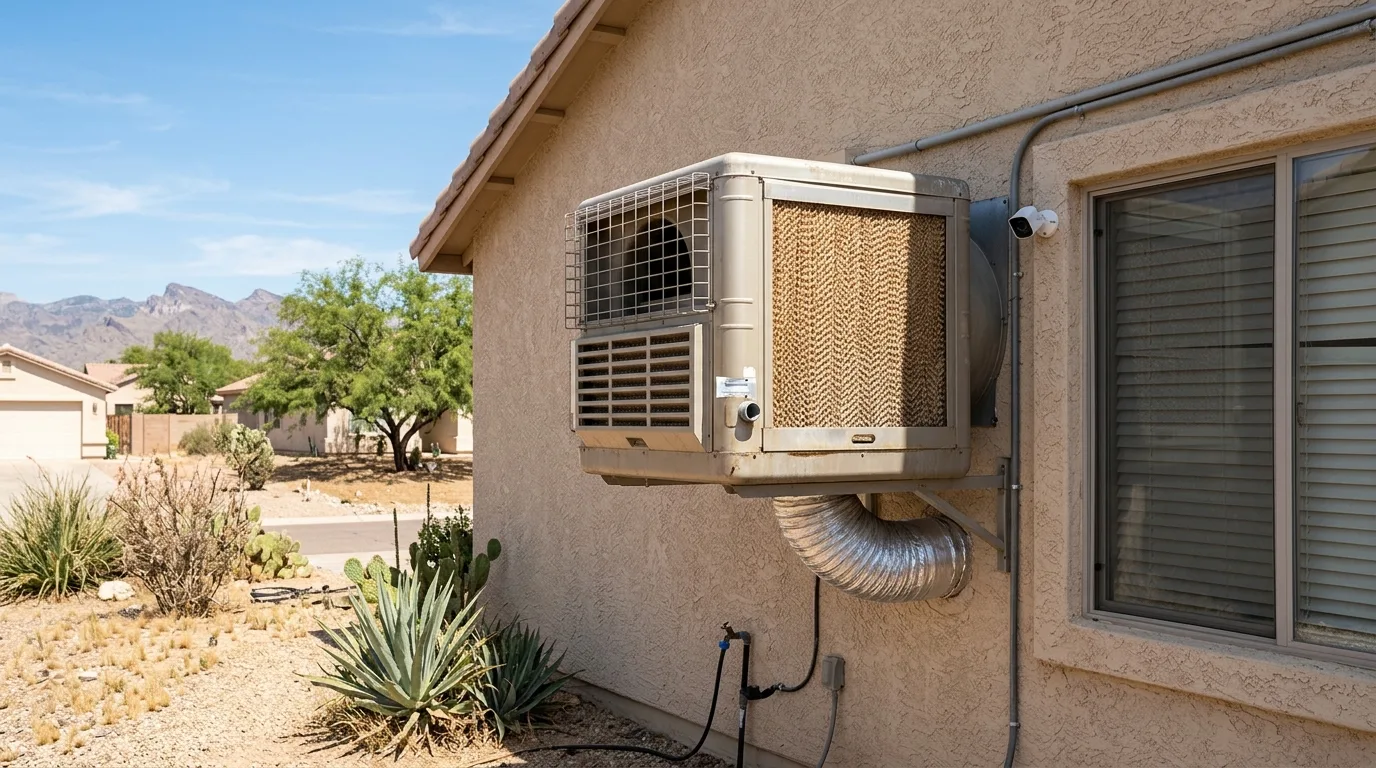 Rooftop evaporative cooler on an Arizona home
