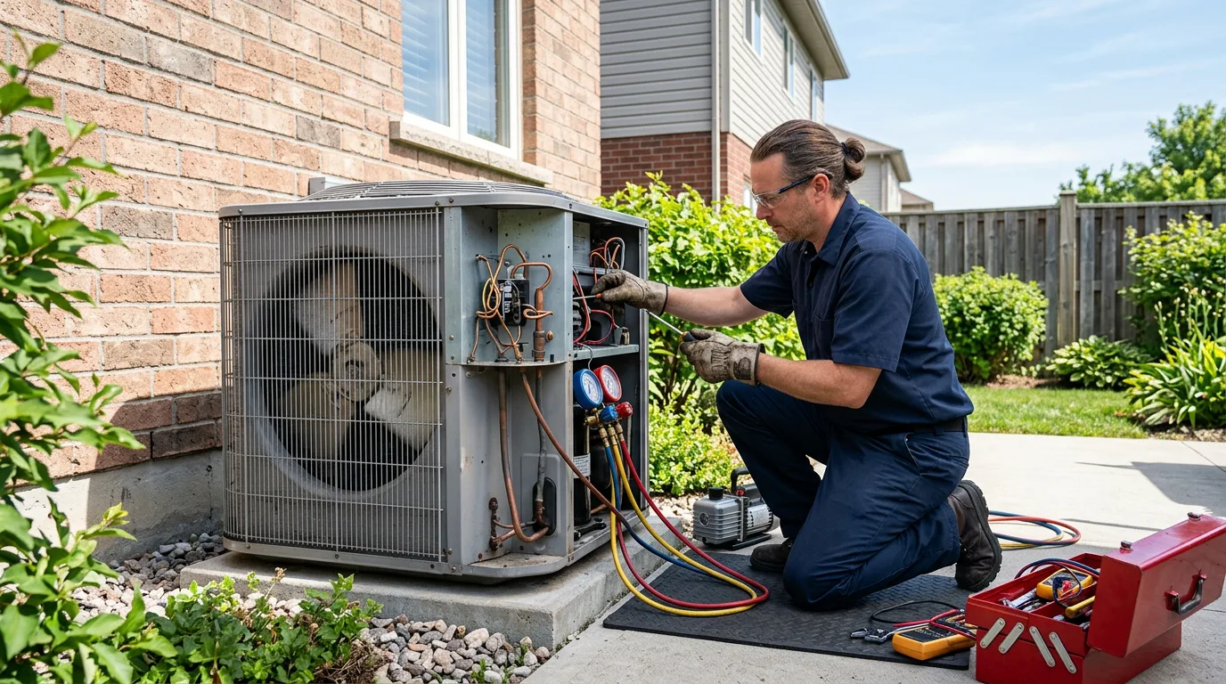 High-efficiency heat pump condenser unit beside an Arizona home