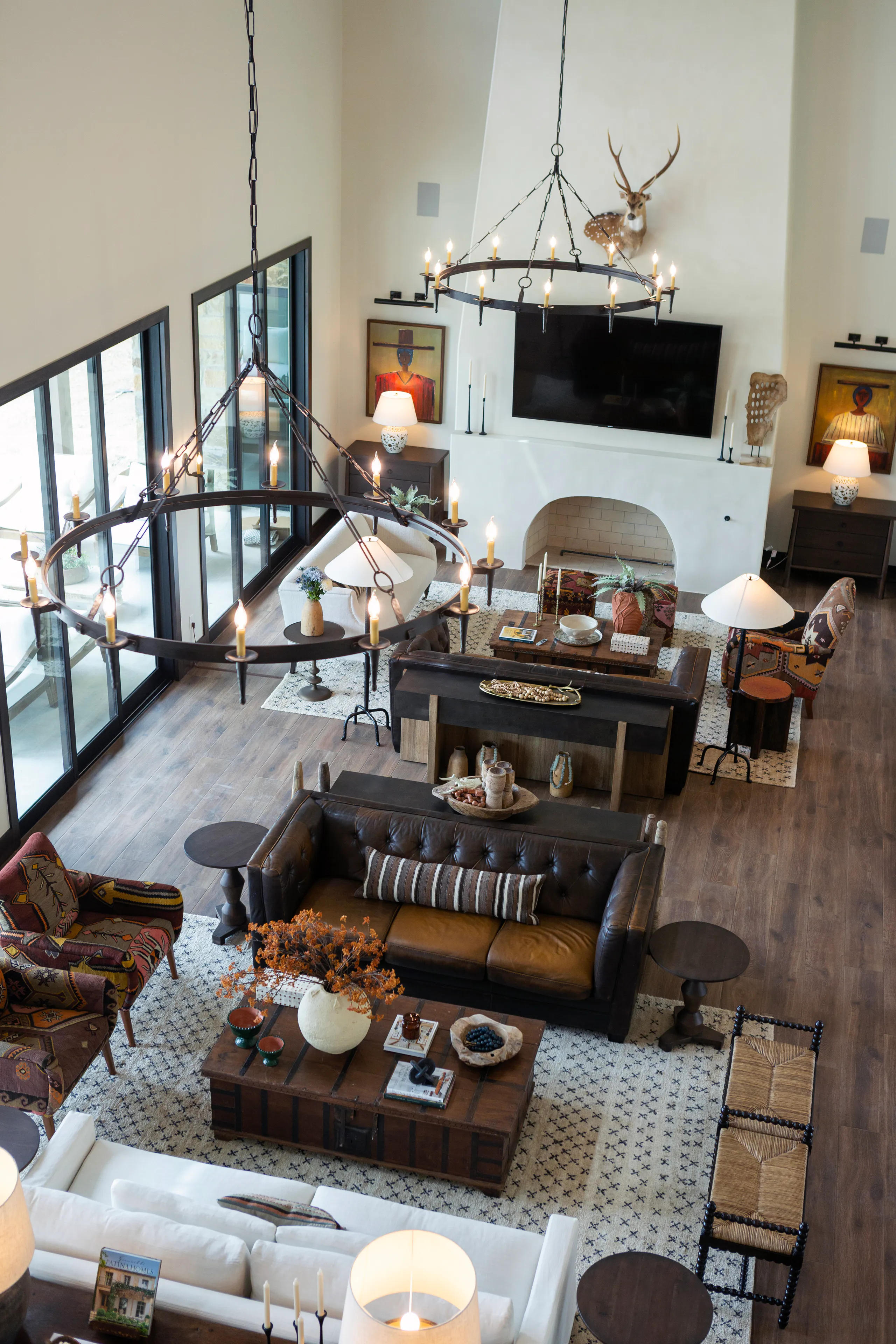 Great room with beamed ceiling and stone fireplace