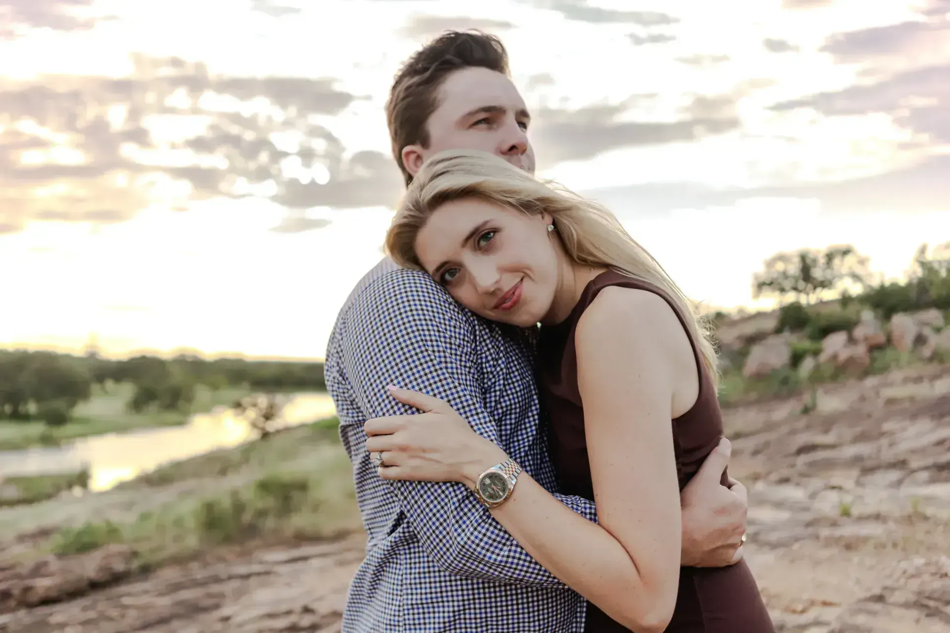 Intimate engagement portrait in natural Texas Hill Country setting