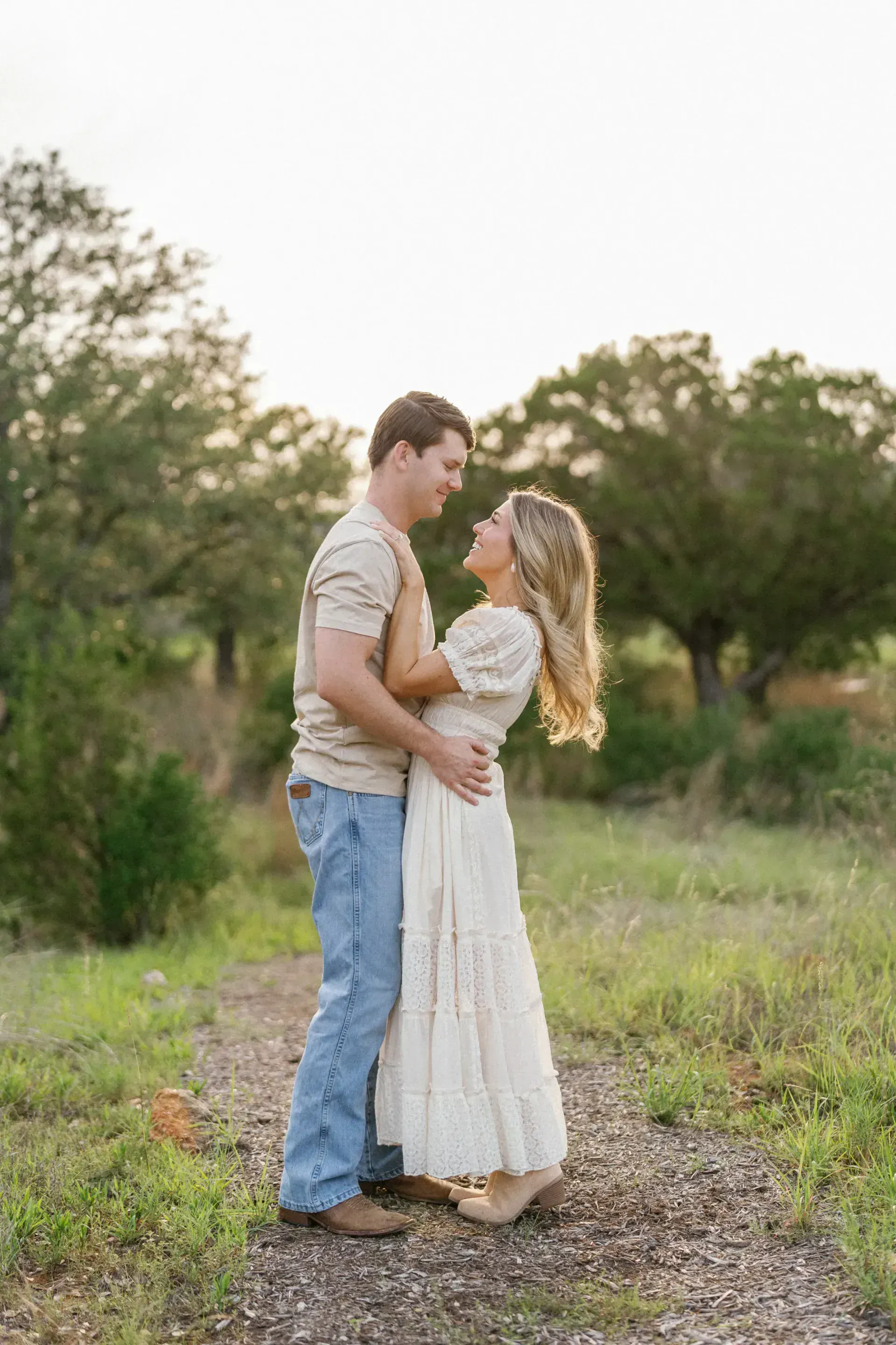 Close-up portrait of engaged couple laughing together in Horseshoe Bay