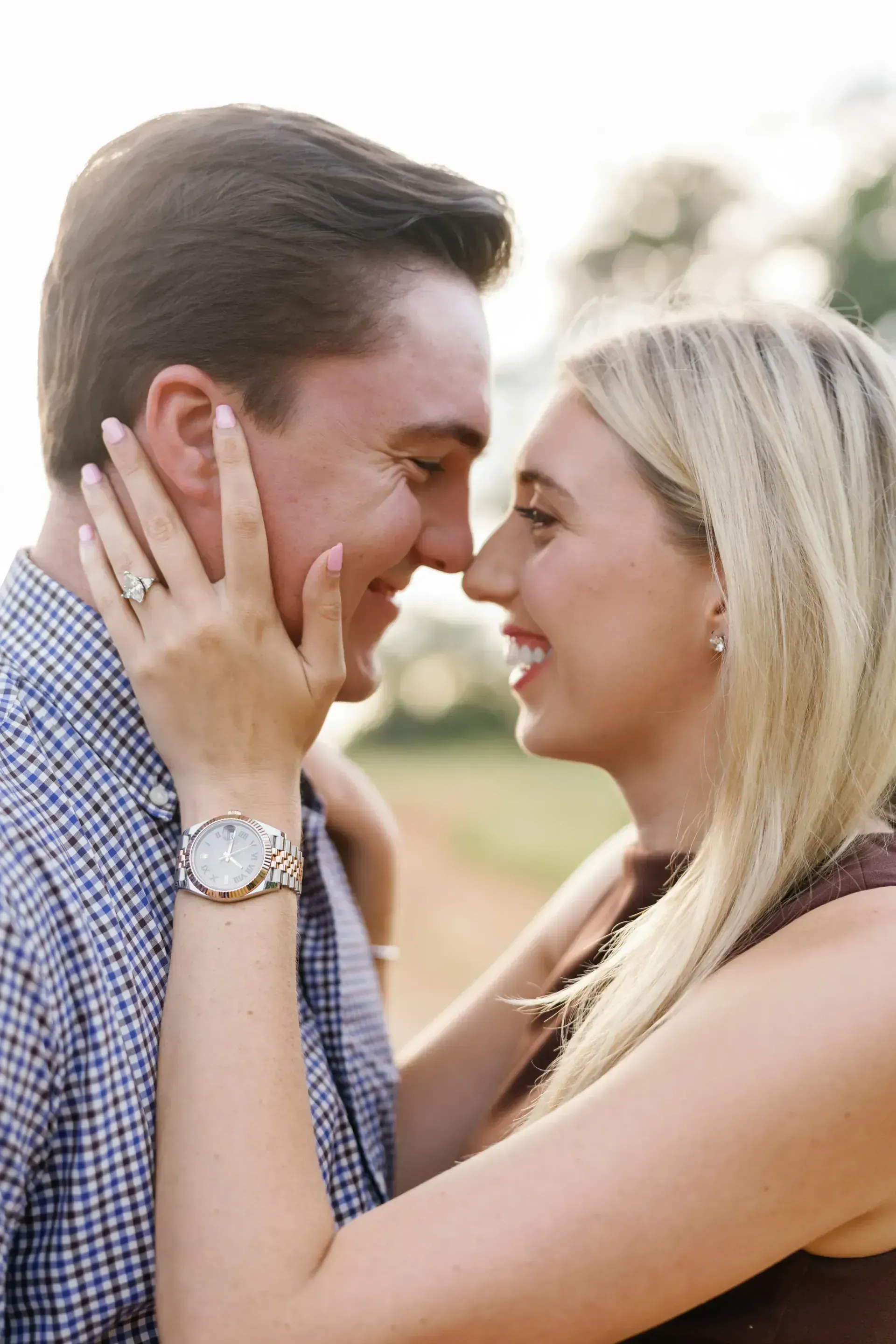Candid moment of joy between engaged couple in Texas Hill Country