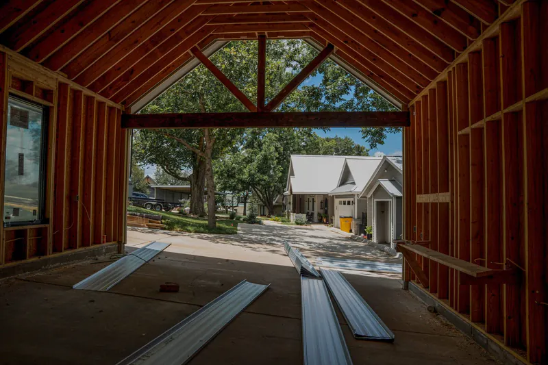 Barndominium interior framing with gable view