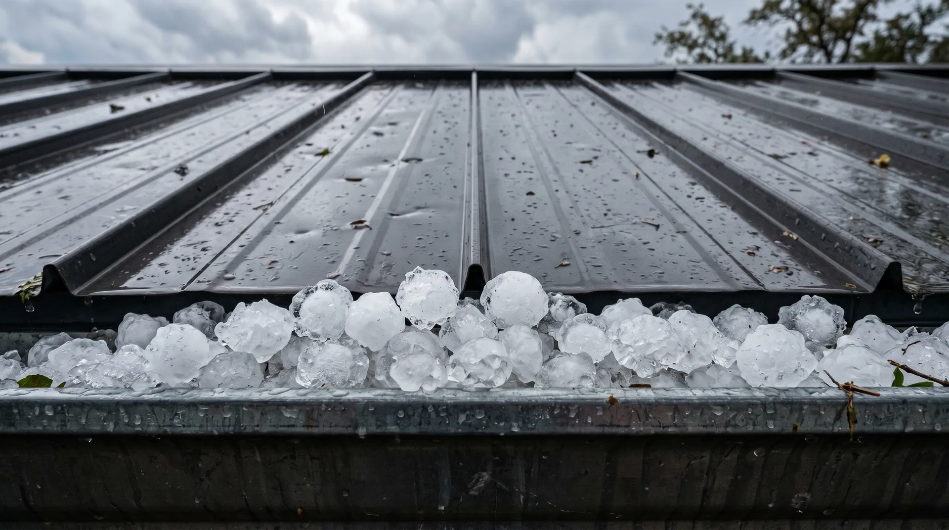 Golf-ball-sized hailstones piled in a metal roof gutter after a Texas storm